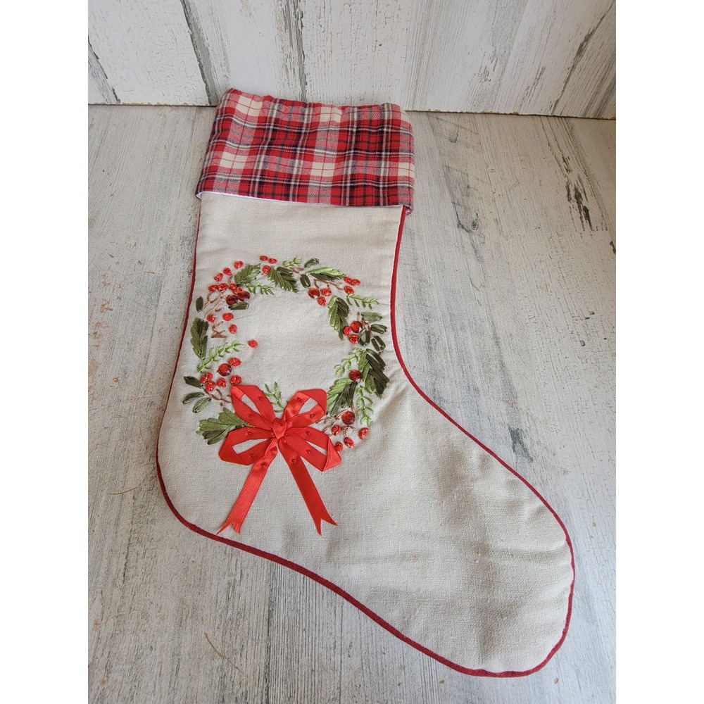 Vintage plaid wreath stocking Xmas mistletoe Unique Home decor bow